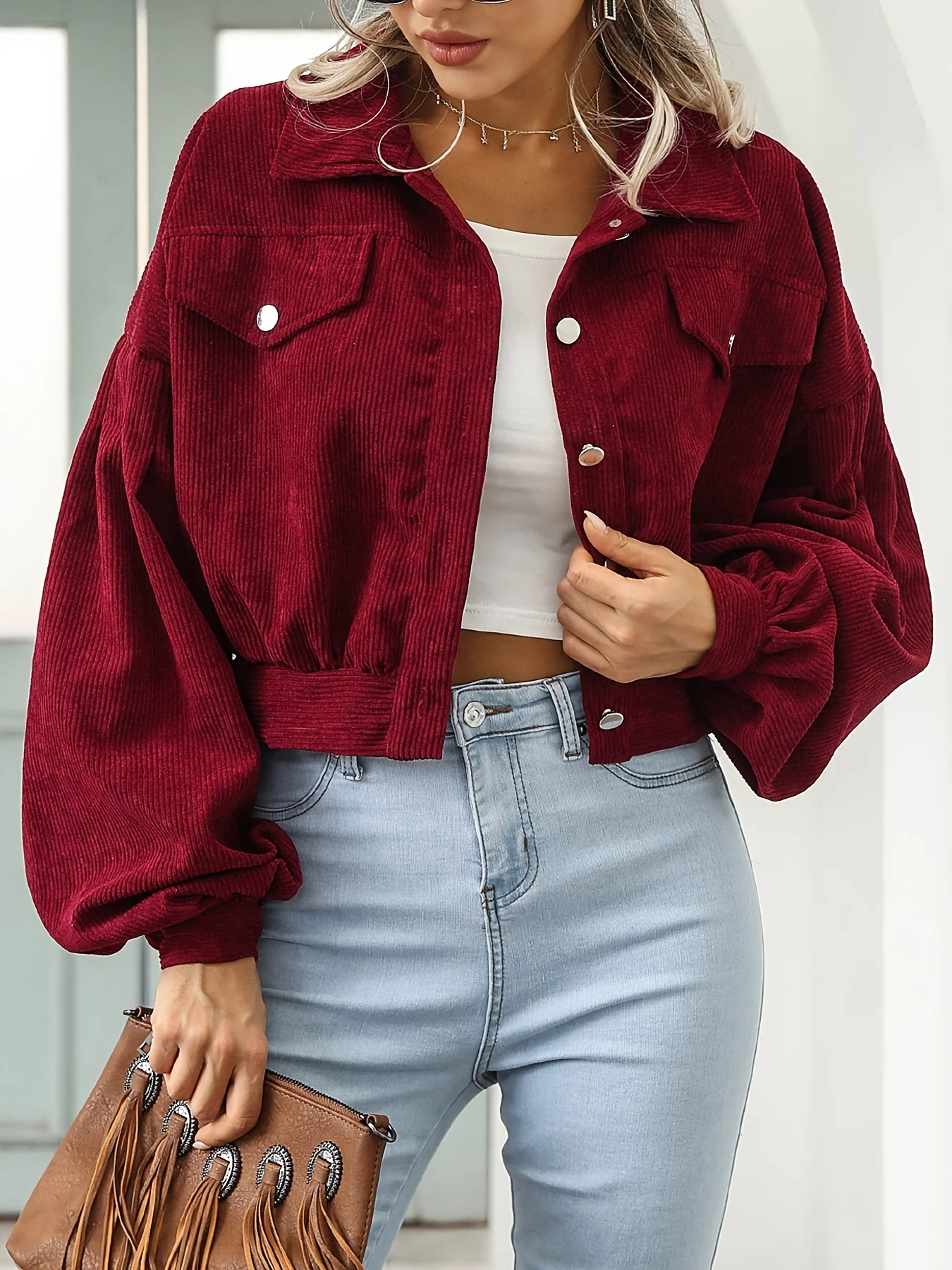 Casual Corduroy Crop Jacket, Lapel Lantern Long Sleeve Fashion Loose Crop Outerwear, Women's Clothing - Deanwangkt