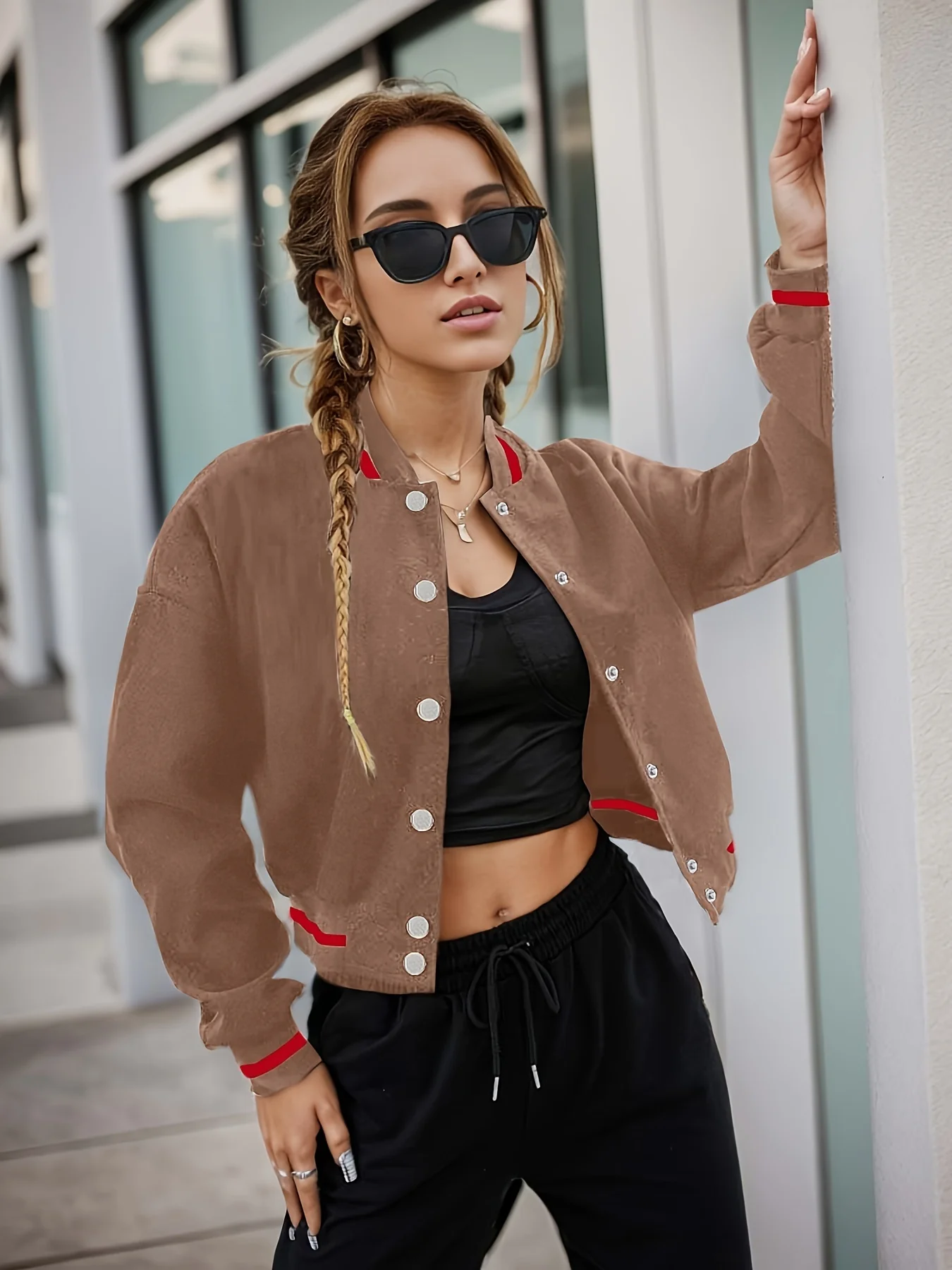 deanwangkt-1 Striped Bomber Jacket, Casual Button Front Long Sleeve Outerwear, Women's Clothing - Deanwangkt