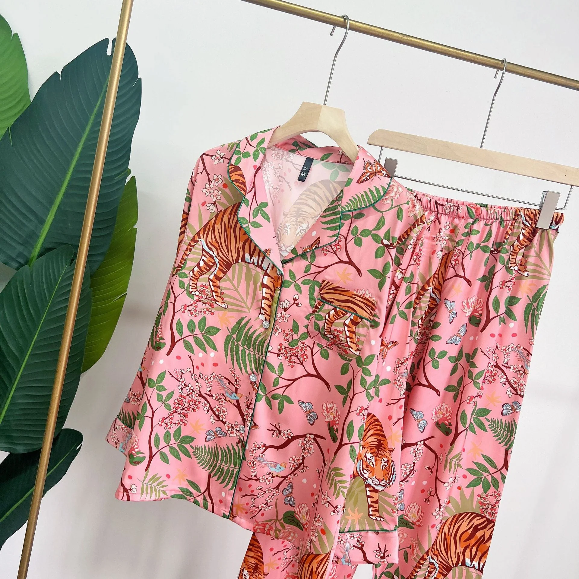 deanwangkt Pink Satin Sleepwear for Women Pajamas Jungle Tiger Print 2Pcs Long Shirt Pants Pyjamas Casual Nightwear Spring New Pajamas - Deanwangkt