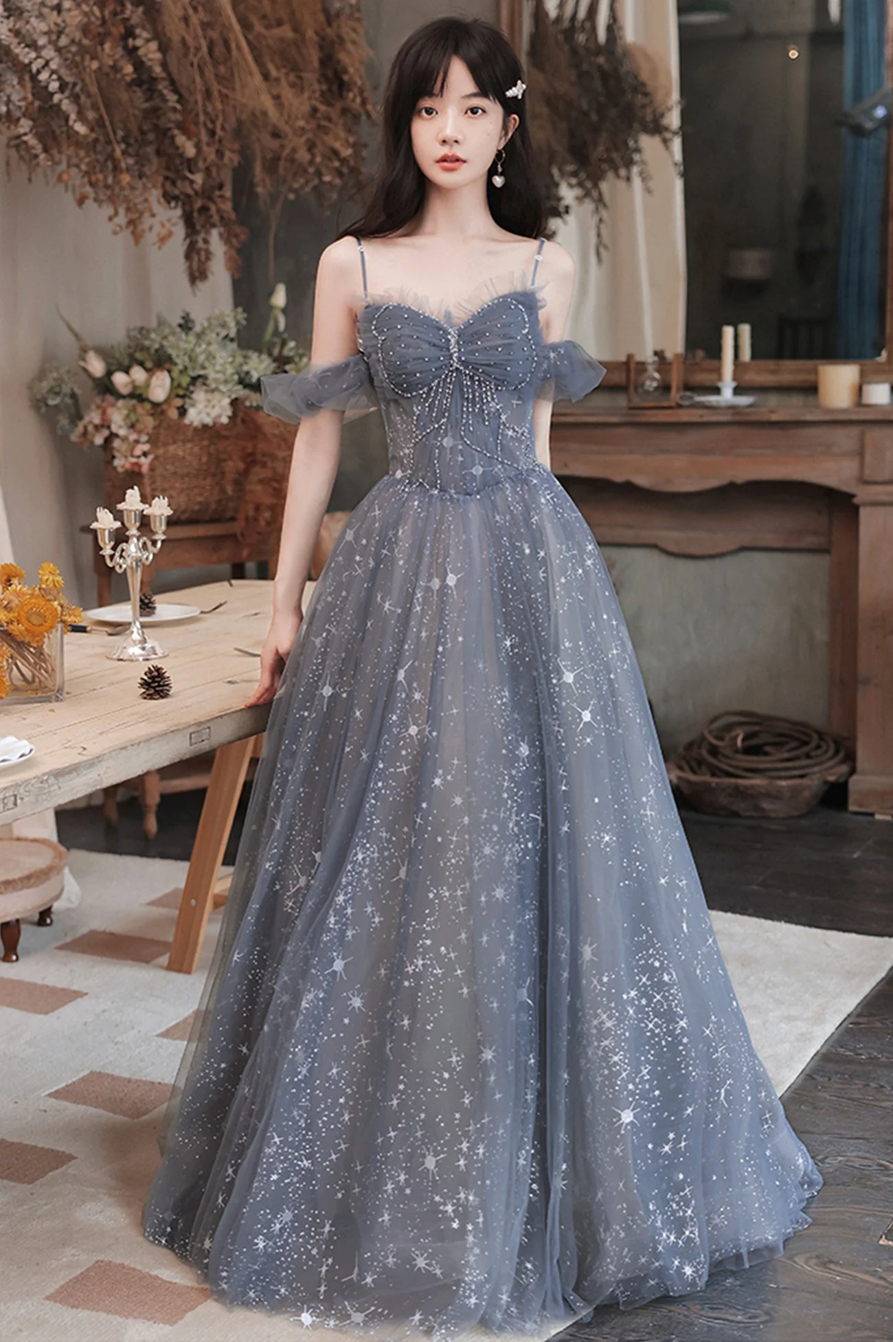 solvbao Gray Blue Tulle Long Prom Dresses, A-Line Spaghetti Straps Evening Dresses - Deanwangkt