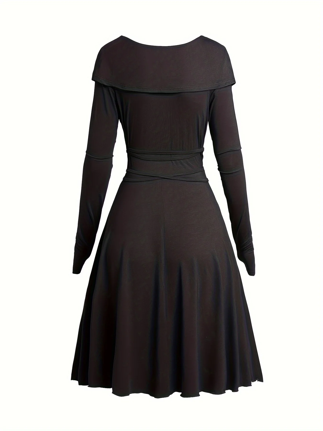 Thumb Hole Long Sleeve Dress, V Neck Lapel Tied Flare Dress, Women's Clothing - Deanwangkt