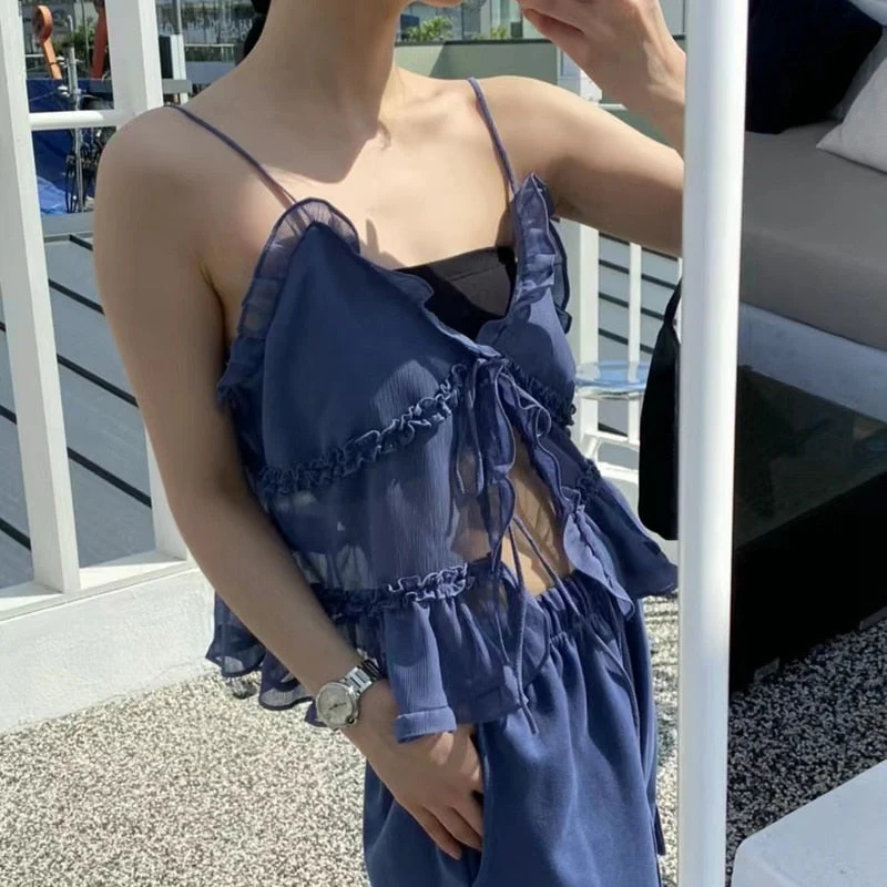 deanwangkt Sexy Black Mesh See-Through Crop Tops V-Neck Front Tie Up Ruffles Camis Summer Holiday Backless Vest Tops Y2K - Deanwangkt