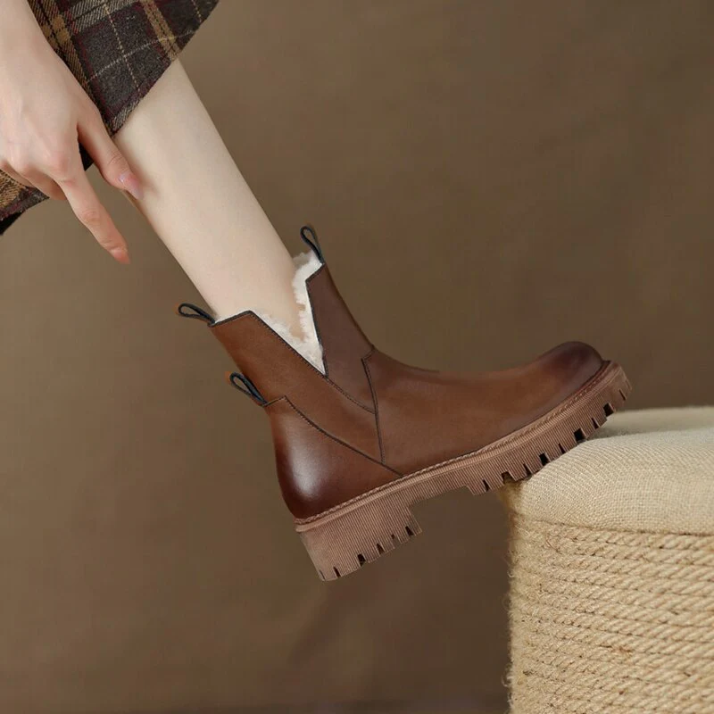 deanwangkt Autumn Boots    Winter Women Boots Round Toe Chunky Boots for Women Split leather Shoes Women Thick Heel Boots Casual Wool Warm Boots Snow Boots - Deanwangkt