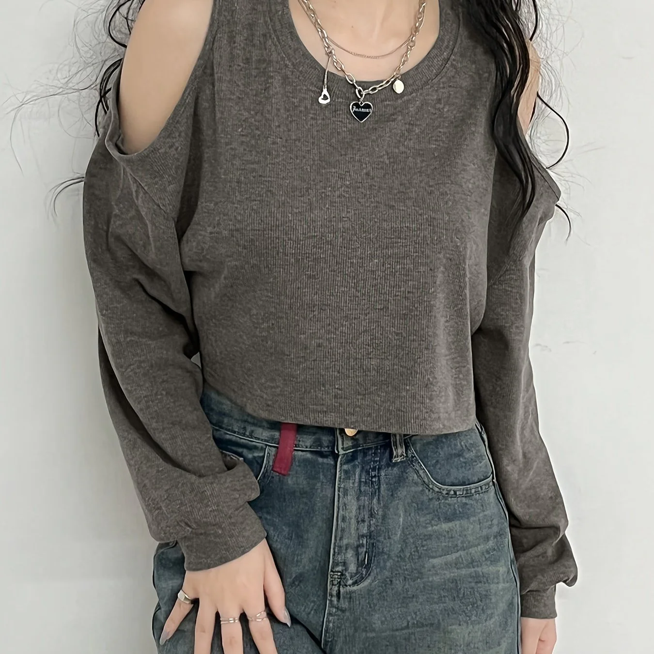 deanwangkt  Cold Shoulder Crew Neck T-Shirt, Casual Long Sleeve T-Shirt For Spring & Fall, Women's Clothing - Deanwangkt
