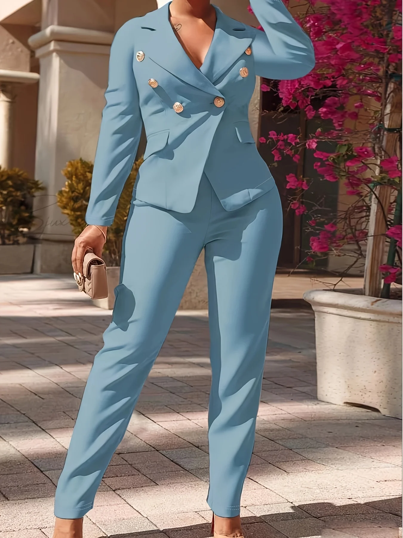 deanwangkt-1  Solid Two-piece Set, Dual Breasted Lapel Blazer & Slim Pants Outfits, Women's Clothing - Deanwangkt