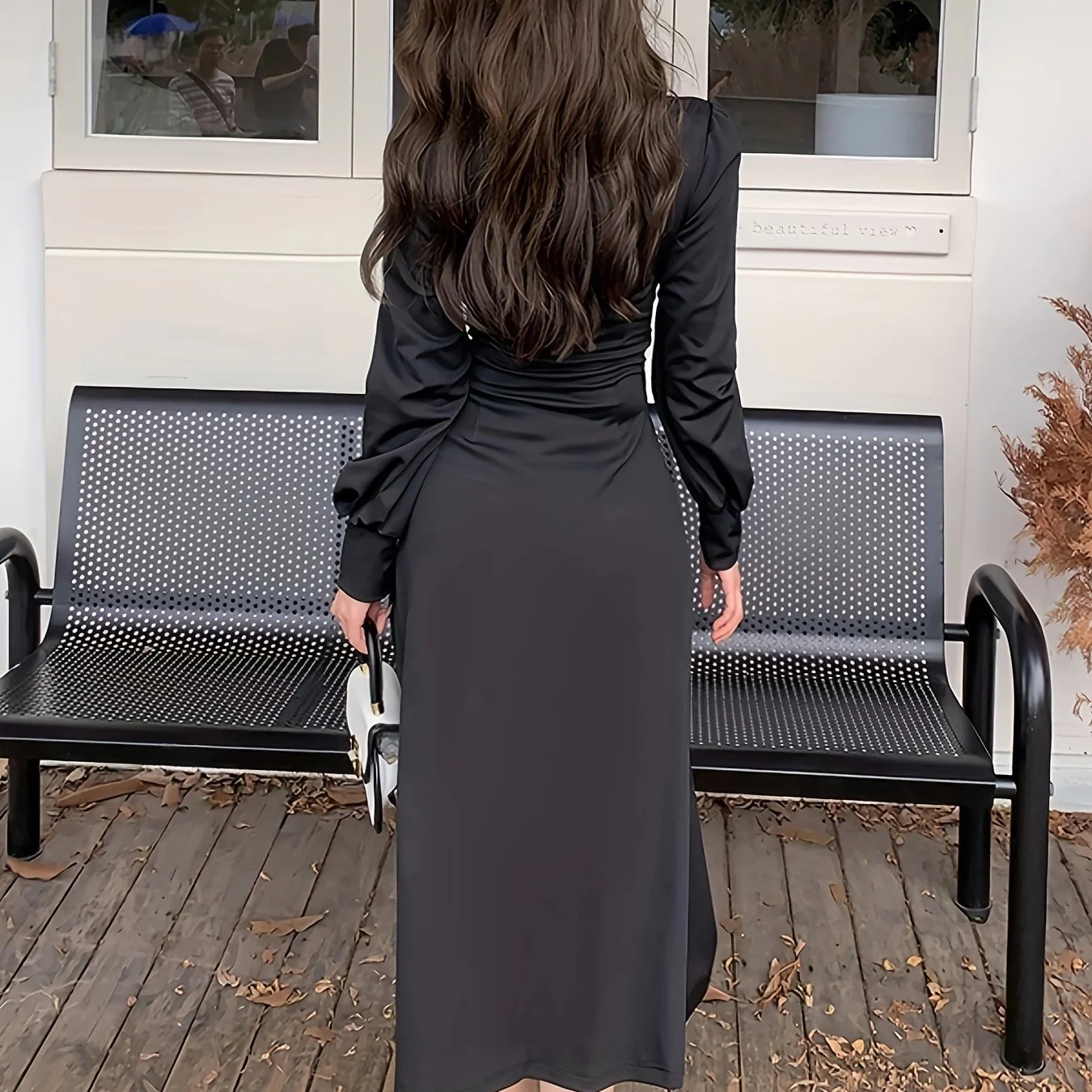 Solid V-neck Split Ruched Dress, Elegant Long Sleeve Dress For Spring & Fall, Women's Clothing - Deanwangkt