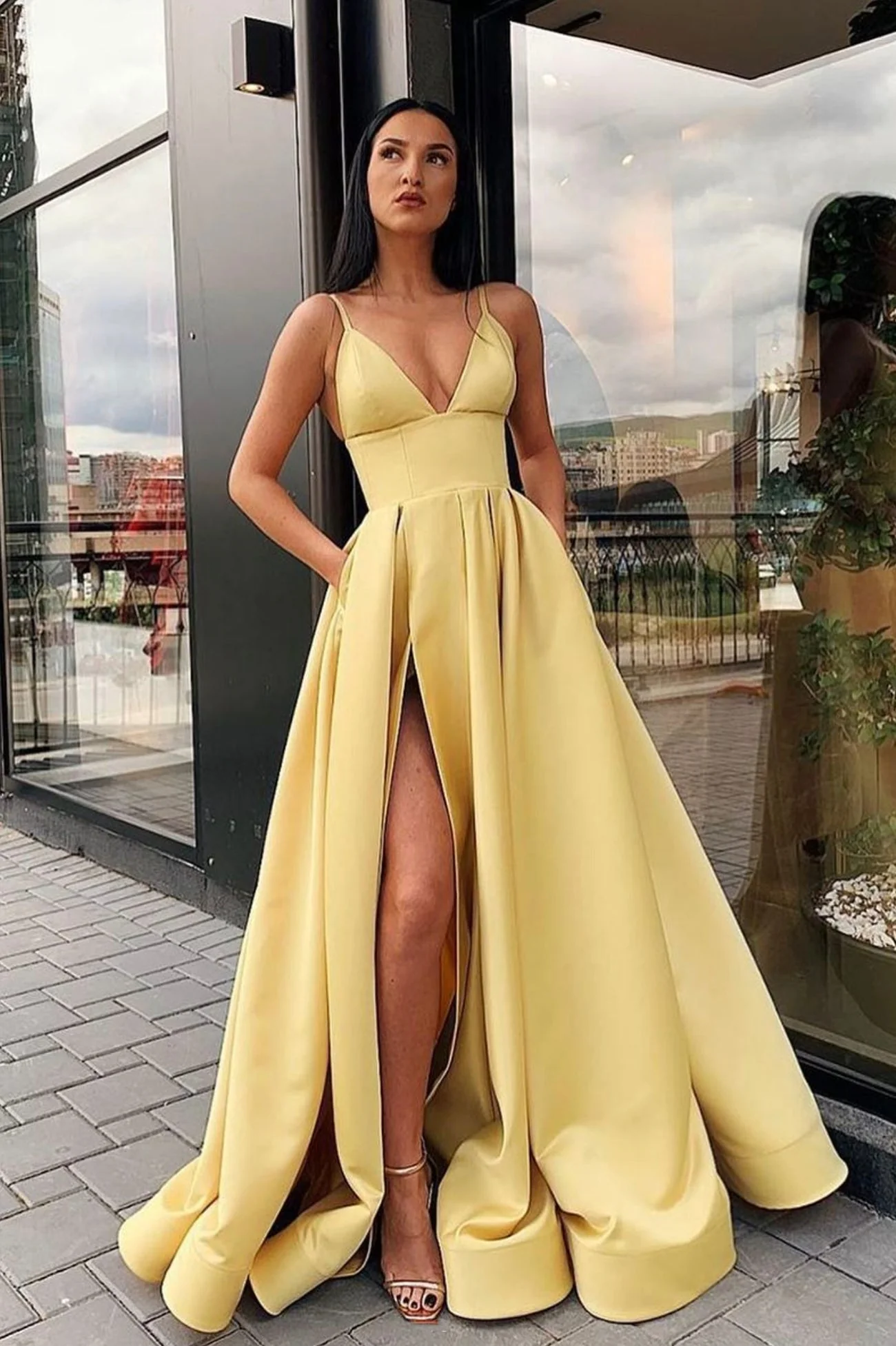 solvbao Yellow V-Neck Satin Long Prom Dress, Simple A-Line Evening Dress - Deanwangkt