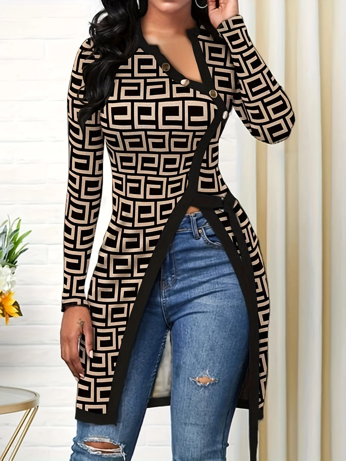 deanwangkt-1 Allover Print Split T-shirt, Casual Asymmetrical Long Sleeve T-shirt, Women's Clothing - Deanwangkt