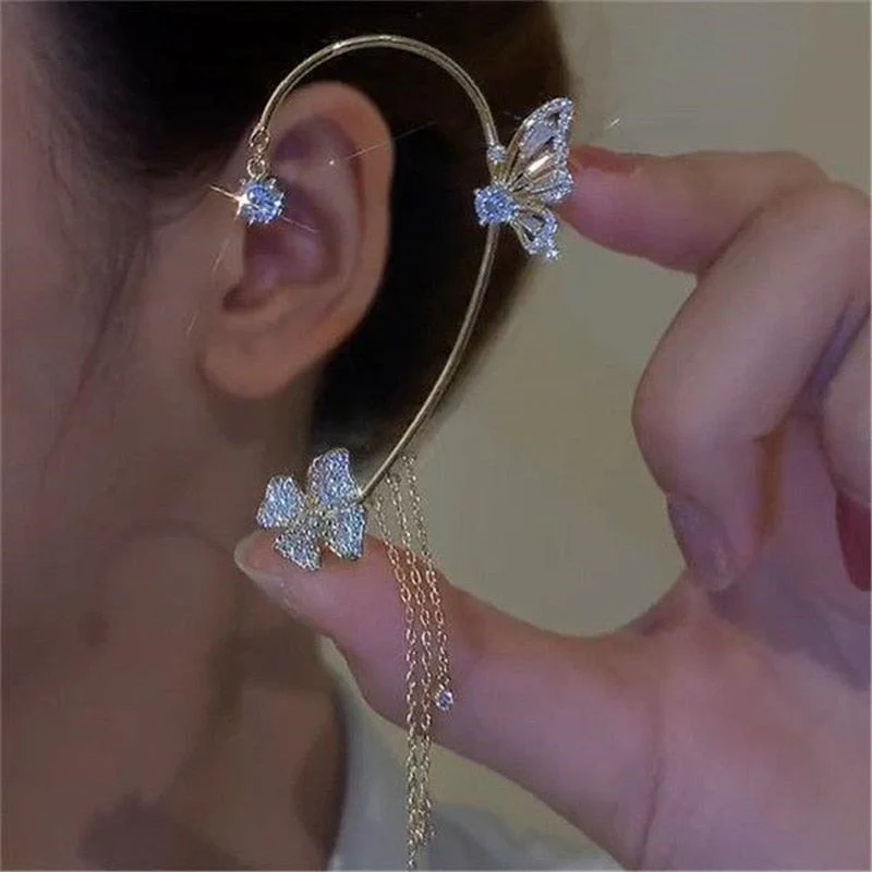 Korean Fashion Zircon Butterfly Elf Ear Cuff for Women Sparkling Zircon Crystal Without Piercing Clip Earrings Wedding Jewelry - Deanwangkt