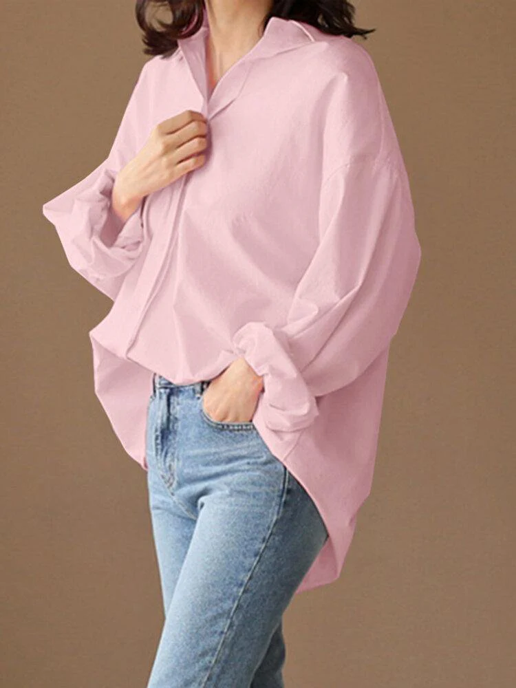 deanwangkt Loose Solid Turn-Down-Collar Full Sleeve Retro Women Blouse - Deanwangkt