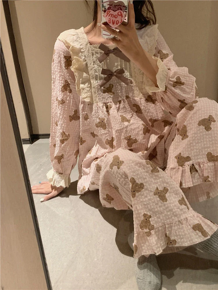 Cartoon Bear Print Lace Cute Sleepwear Sweet Home Long Sleeve Pajama Set Women Girlish Style Princess Loose Casual Sleep Tops - Deanwangkt