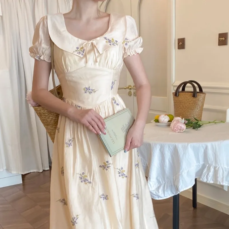 Joskka  Summer French Elegant Floral Midi Dress Women Short Sleeve Casual Vintage Dress Beach Chiffon Korean Fashion Dress Casual - Deanwangkt