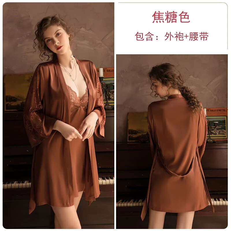 deanwangkt 3 Piece Lingerie Set with Robe Satin Pajamas Dress Cardigan Long Sleeve Top Sexy Sleepwear Bath Female Adult Nightwear Nightgown - Deanwangkt