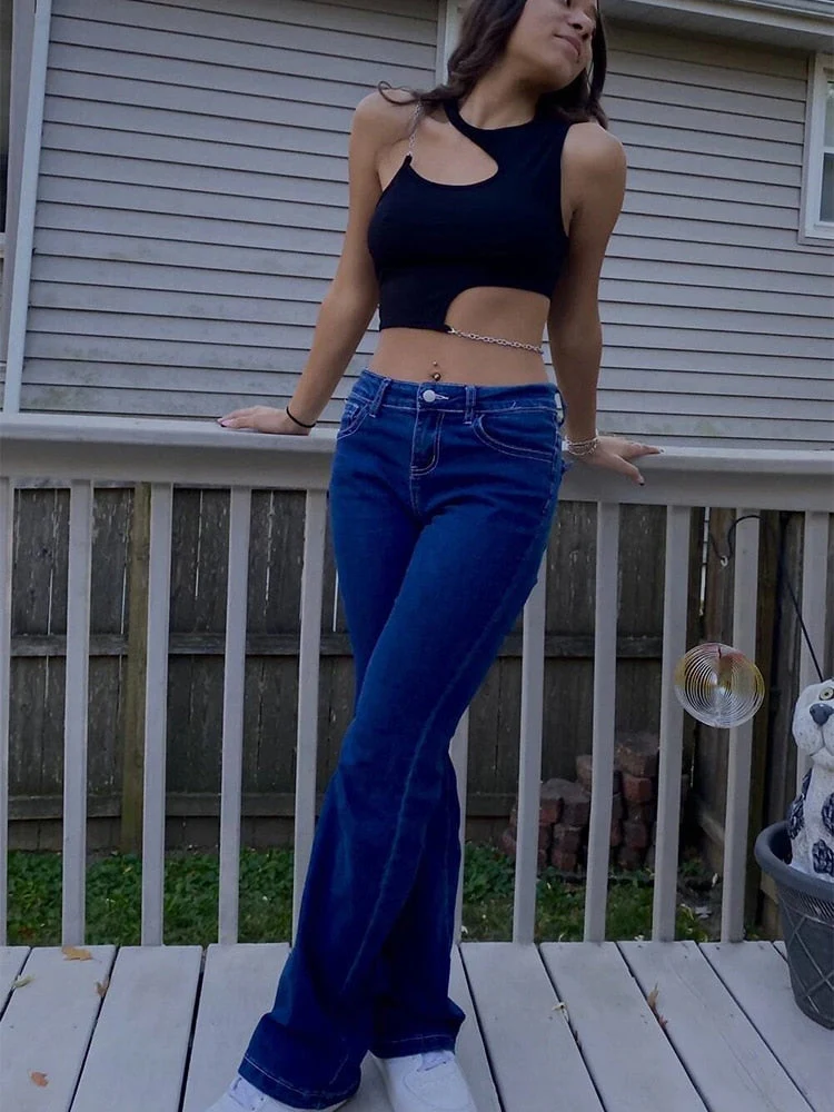 deanwangkt Chain Cut Out Rib Knit Crop Top Women Summer Y2K Clothes High Street Grunge Asymmetrical Neck Sleeveless Tank Top Streetwear - Deanwangkt