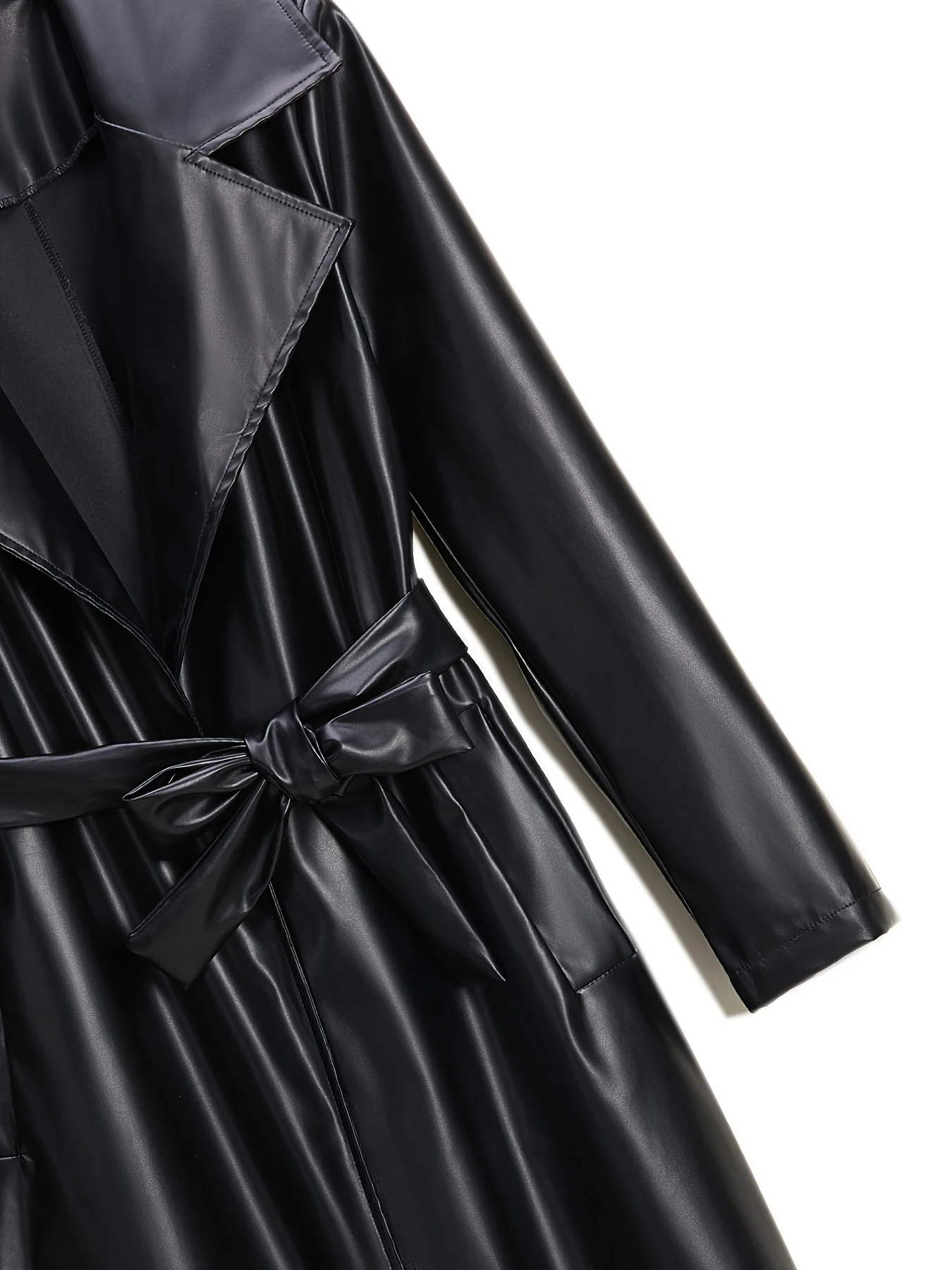 Longline Faux Leather Coat, Elegant Black Lapel Belted Coat For Fall & Winter, Women's Clothing - Deanwangkt