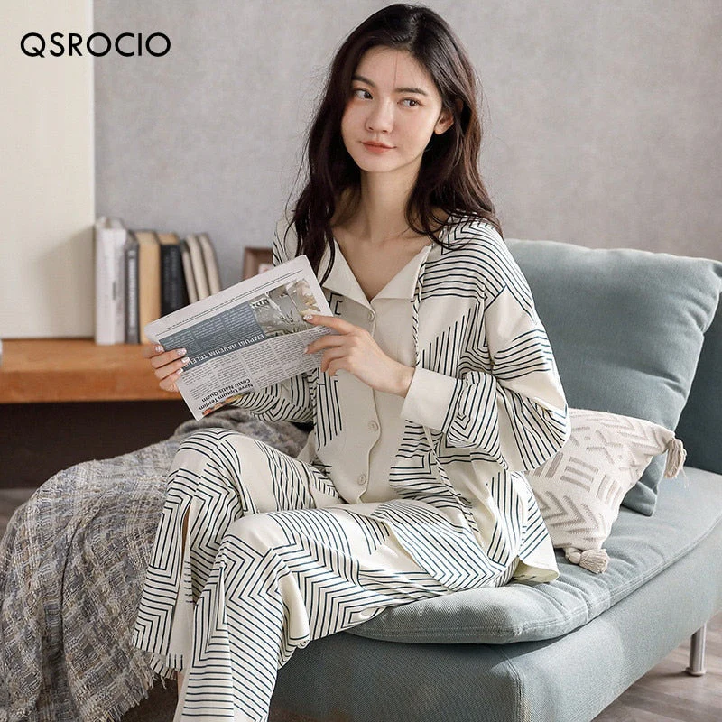 Autumn Women's Pajamas Set High Quality Bohemian Stripes Print Sleepwear V Neck Cotton Homewear Nightwear Pyjamas Femme - Deanwangkt