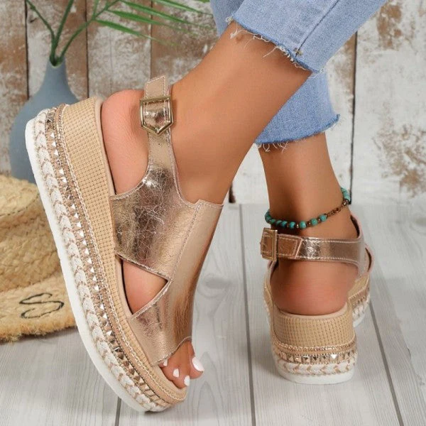deanwangkt - Gold Casual Hollowed Out Patchwork Fish Mouth Out Door Wedges Shoes (Heel Height 1.97in) - Deanwangkt