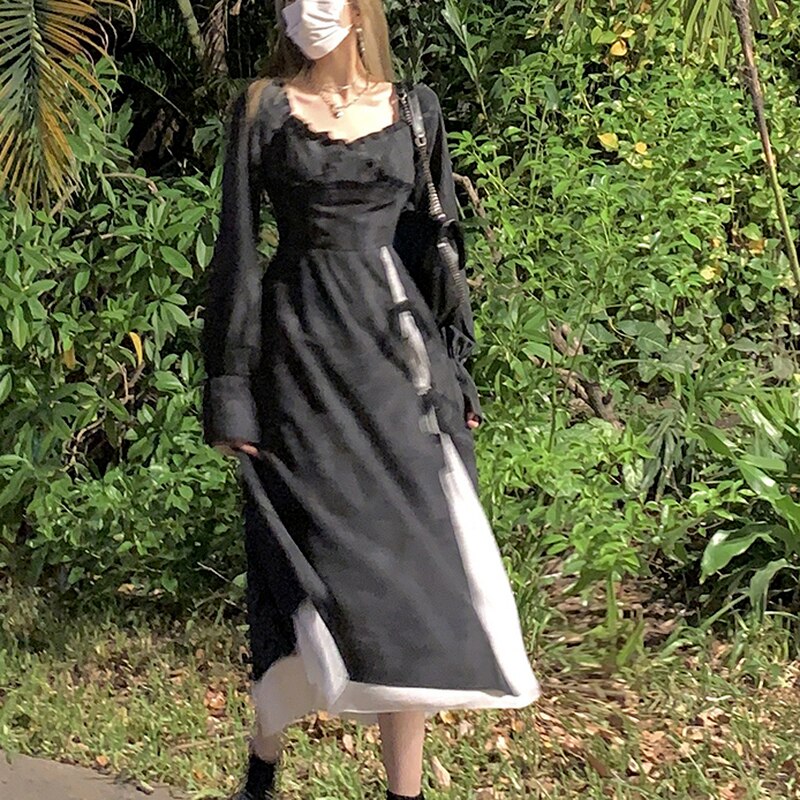 Joskka Elegant Party Midi Dress Women Black Korean Style Split Dress Female Bandage Slim French Vintage Dress New Fall Outfits - Deanwangkt