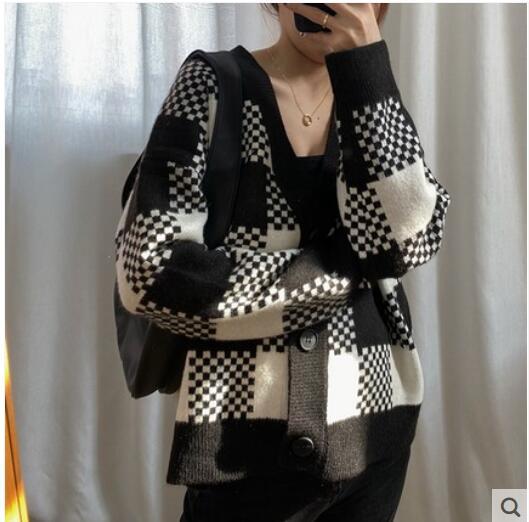 deanwangkt Korean Loose Winter Ladies Cardigan V-neck Check Plaid Coat Knitted Women's Sweater Long Sleeve Women Jacket QT1028 - Deanwangkt