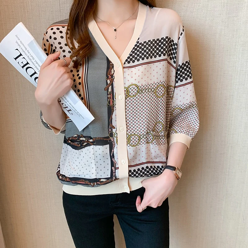 deanwangkt printing ladies shirts Women's Blouses  Spring Autumn v-neck Shirts Tops Blusas Mujer - Deanwangkt