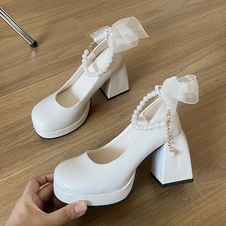 deanwangkt New Pearls Strap Square Heels Pumps Women Shoes Fashion Pu Leather Platform Mary Janes Woman High Heels Party Wedding Shoes - Deanwangkt