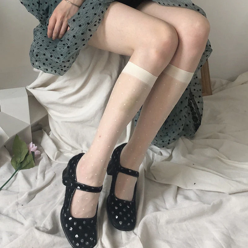 deanwangkt Summer Long Socks Knee Stockings JK Calf Socks Lolita Polka Dot Knee Socks White Black Silk Japanese Socks Thigh High Stockings - Deanwangkt