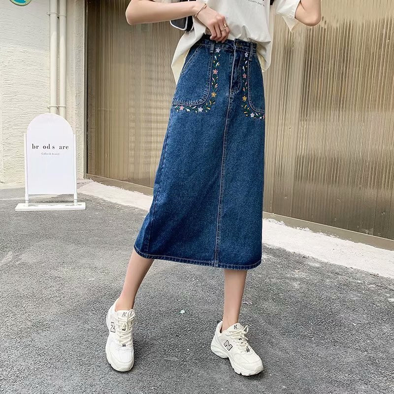 deanwangkt  New Denim Skirt Women's Spring And Autumn Design Sense Mid-length High Waist Large Size Slim Embroidered Long Skirt - Deanwangkt