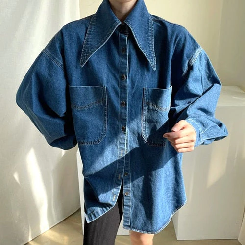 deanwangkt Female Denim Shirt Autumn Korean Retro Chic Pointed Collar Single-Breasted Loose Large Pockets Washed Blue Blouses - Deanwangkt