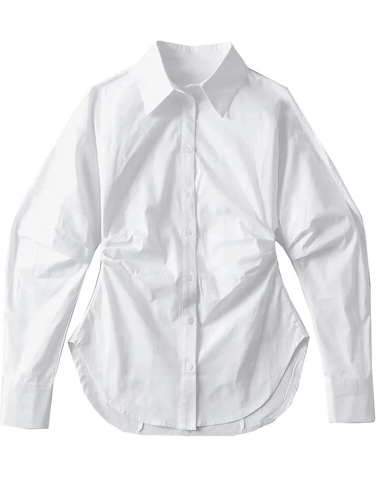 deanwangkt White Slim Shirt For Women Lapel Long Sleeve Solid Minimalist Button Through Blouse Female Spring Clothing  New - Deanwangkt