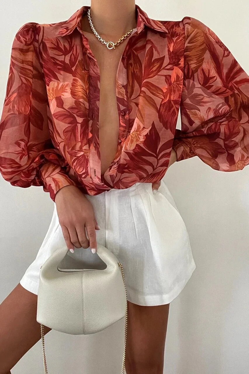deanwangkt Spring Fashion Shirt Women's Blouses Elegant V-neck Print Puff Sleeve Office Shirts Female Summer New Formal Ladies Top - Deanwangkt