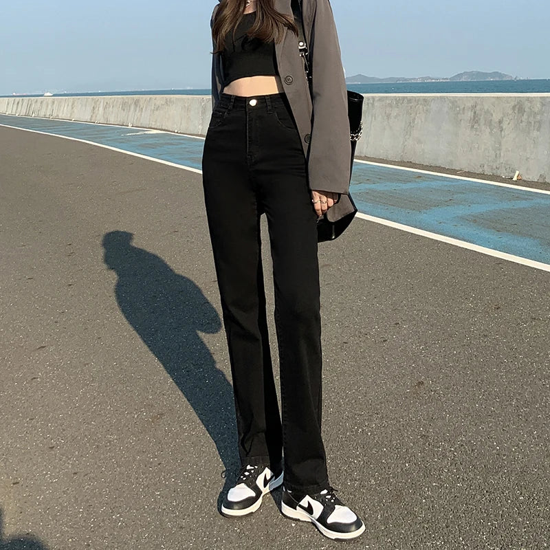 deanwangkt Straight Jeans Woman High Waisted Stretch Cotton Denim Khaki Pants Vintage Streetwear Brown Y2k Fashion Jeans Female - Deanwangkt