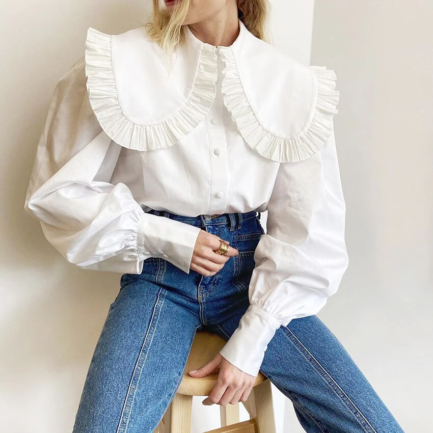 deanwangkt Blouses Women Peter Pan Collar Ruffle Shirts Long Sleeve White Cotton Casual Simple Tops Female Spring Summer Frill Shirt - Deanwangkt
