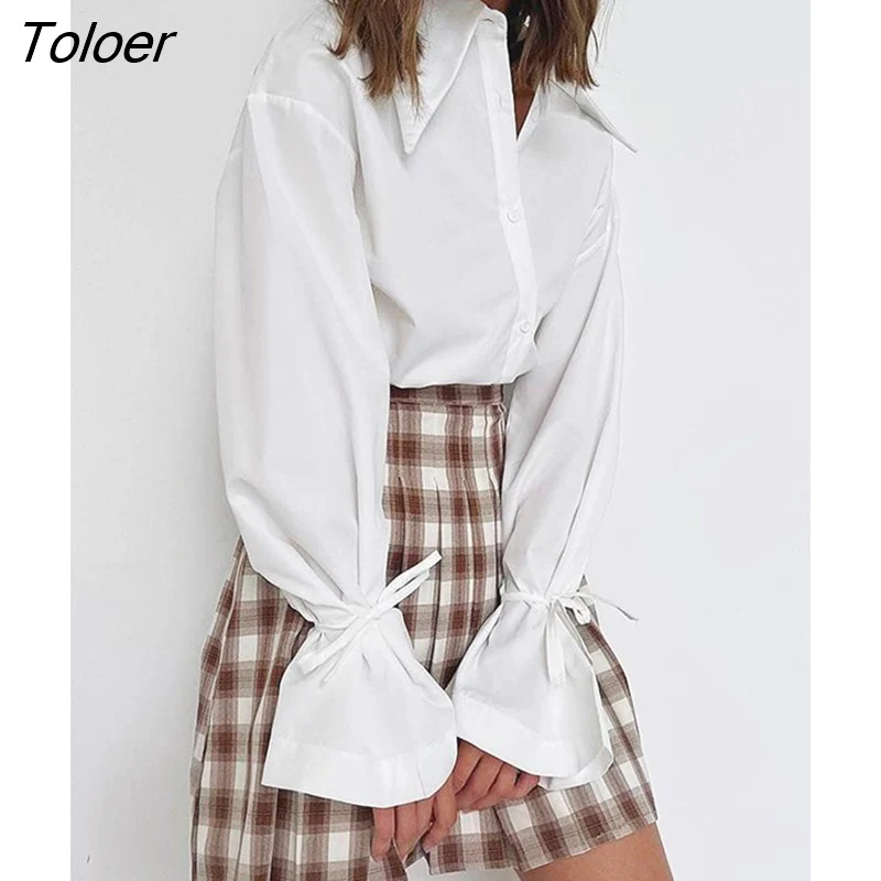 deanwangkt Office Lady White Women Blouse Elegant Turn-Down Collar Long Sleeve Lace Up Shirt Female Loose  Spring Casual Korean - Deanwangkt