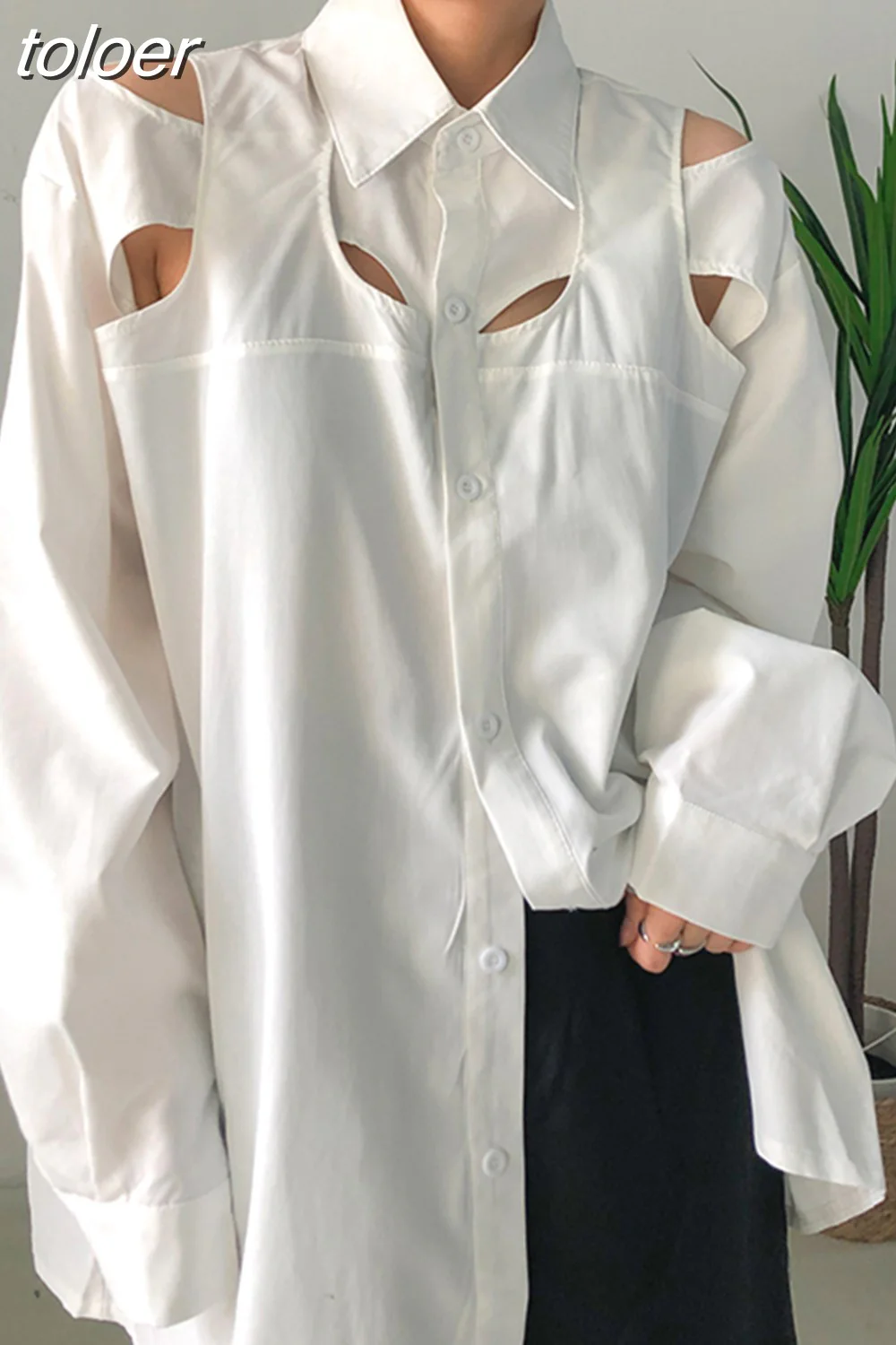 deanwangkt Minimalist Shirt For Women Lapel Long Sleeve Hollow Out Patchwork Casual Loose Blouse Female Autumn Clothing  New - Deanwangkt