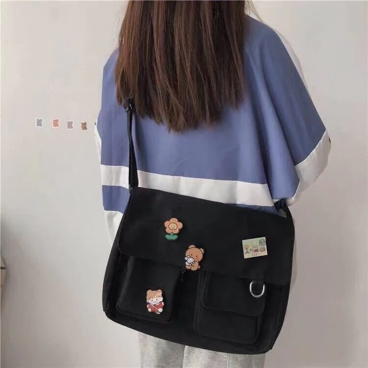 deanwangkt New Japanese High School Girls Canvas Bag Simple Large Capacity Crossbody Bags Women Multi-pockets Shoulder Bag Satchels Bolsos - Deanwangkt