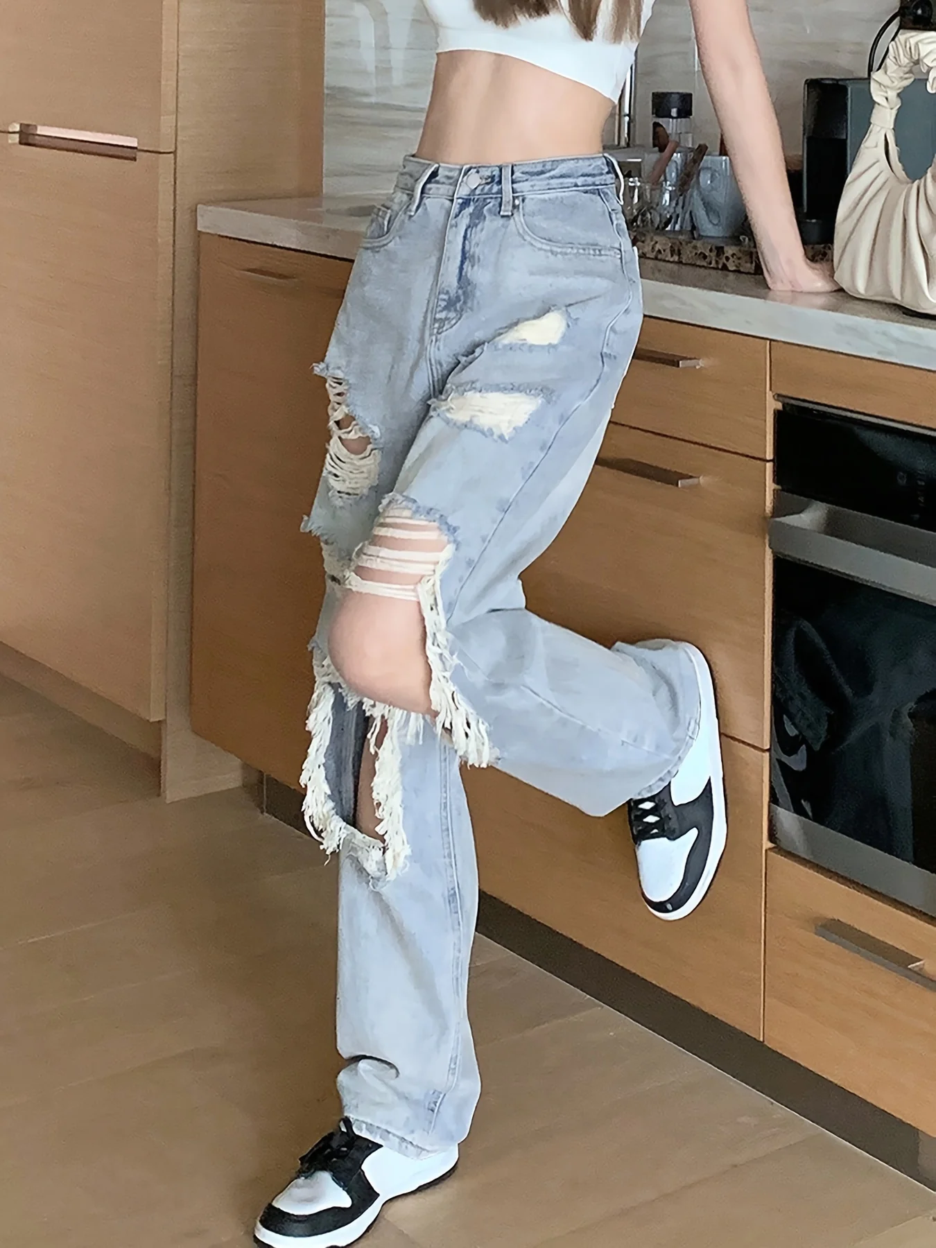 deanwangkt  High Waist Ripped Wide Leg Jeans, Y2k Distressed Washed Straight Leg Denim Pants, Women's Denim Jeans & Clothing - Deanwangkt