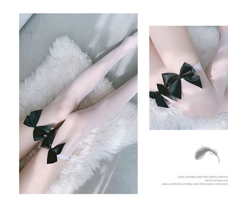 deanwangkt Fashion Pink Legs Socks for Women Cosplay Cute Bow Sexy White Black Mesh Fishnet Transparent Thigh High Stockings Long Knee Sock - Deanwangkt