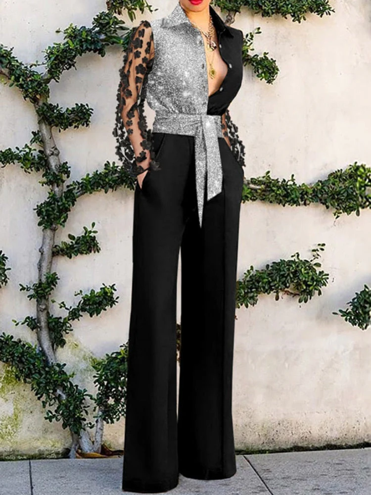 deanwangkt Spring Lady Long Sleeve Lace Up Romper Women Elegant Office Lapel Single-breasted Jumpsuit Shiny Patchwork Party Outfit Playsuit - Deanwangkt