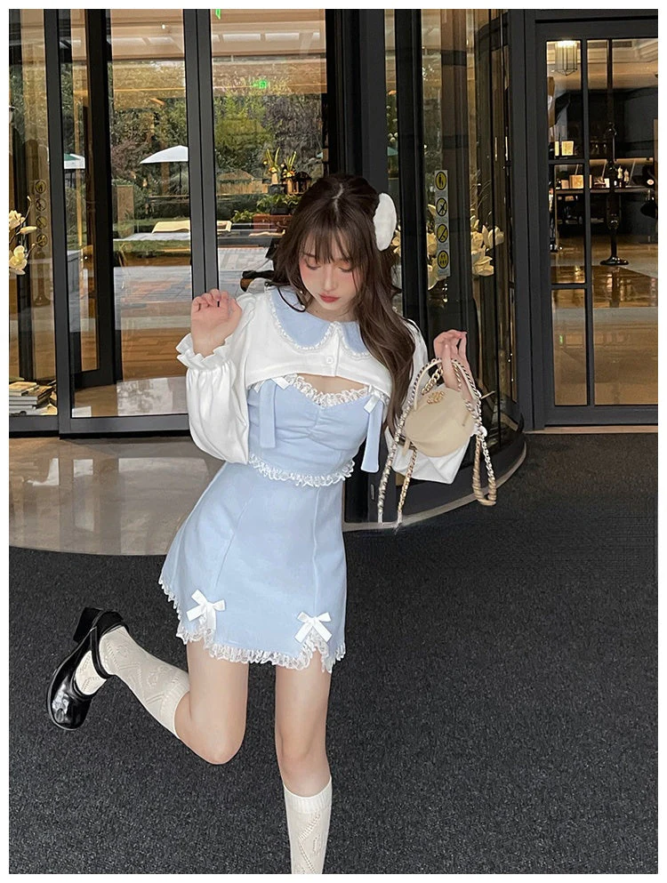 deanwangkt Lace Japanese Sweet Lolita Dress Women Bow Pink Kawaii Party Mini Dresses Female Blue Princess Korean Fashion Dresse Winter - Deanwangkt