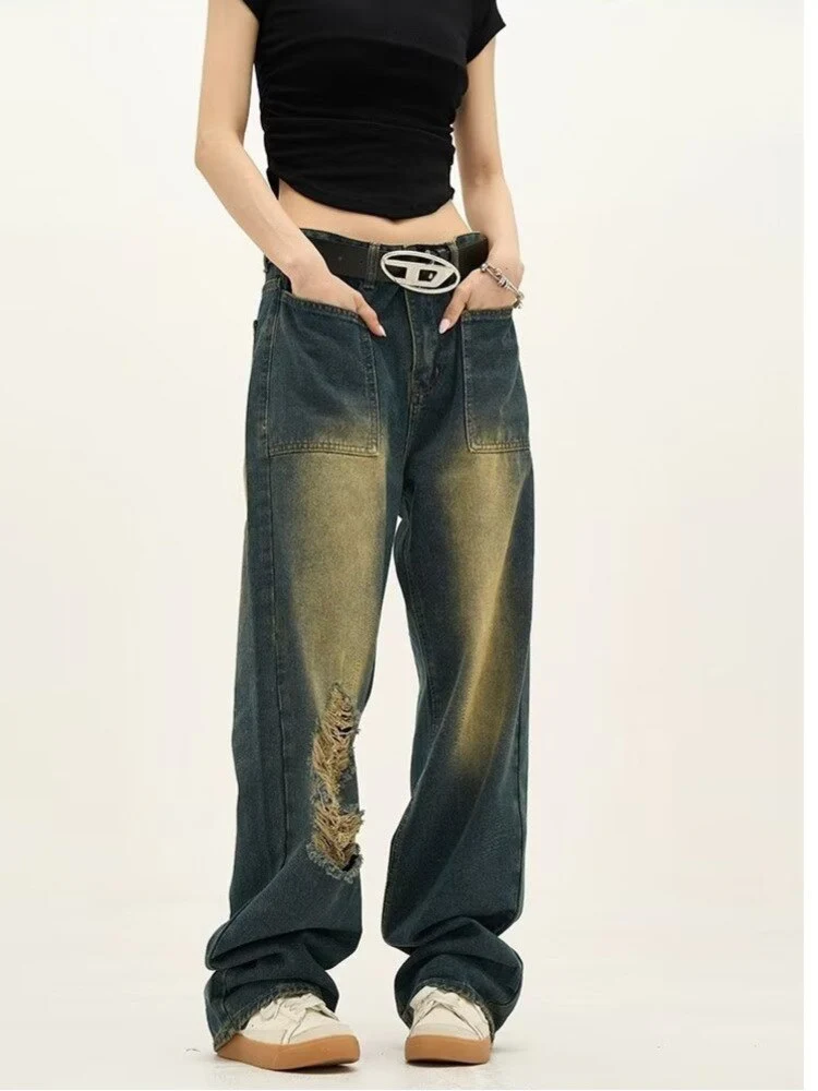 deanwangkt High Street Trendy Brand Jeans Women's Summer New Small Style Retro Straight Tube Floor Sweeping Design Women's Denim Pants - Deanwangkt