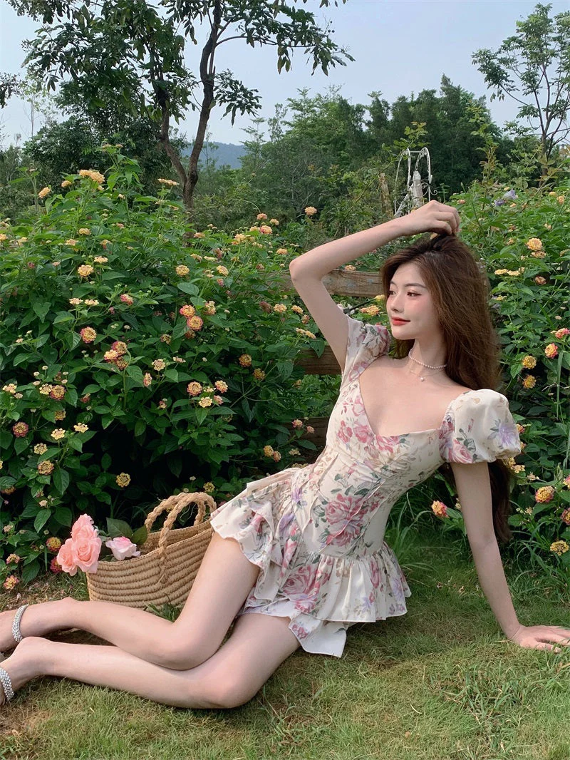 deanwangkt  Summer French Romantic Floral Mini Romper Square Collar Flowers Printed Chiffon Tiered Playsuit Cute Kawaii Feminine Romper  Fairy Dress - Deanwangkt