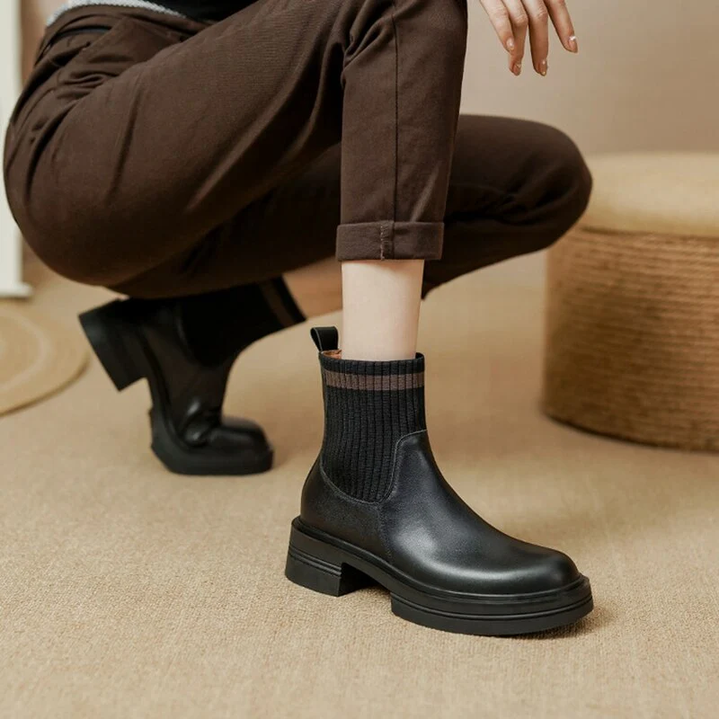 deanwangkt  fashion inspo    Autumn Women Ankle Boots Round Toe Chunky Heel Boots Women Genuine leather Shoes Women Slip-on Black Boots Winter Shoes Women - Deanwangkt
