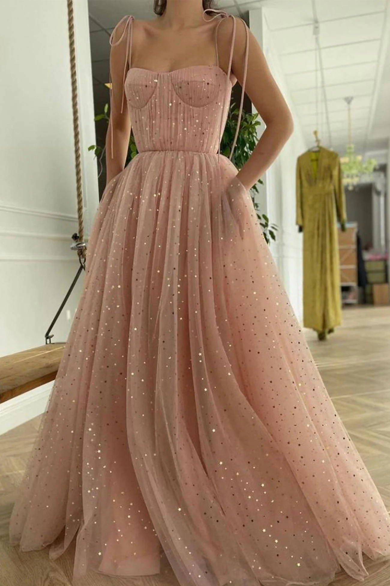 solvbao Pink Spaghetti Strap Long Prom Dresses, A-Line Evening Party Dresses - Deanwangkt