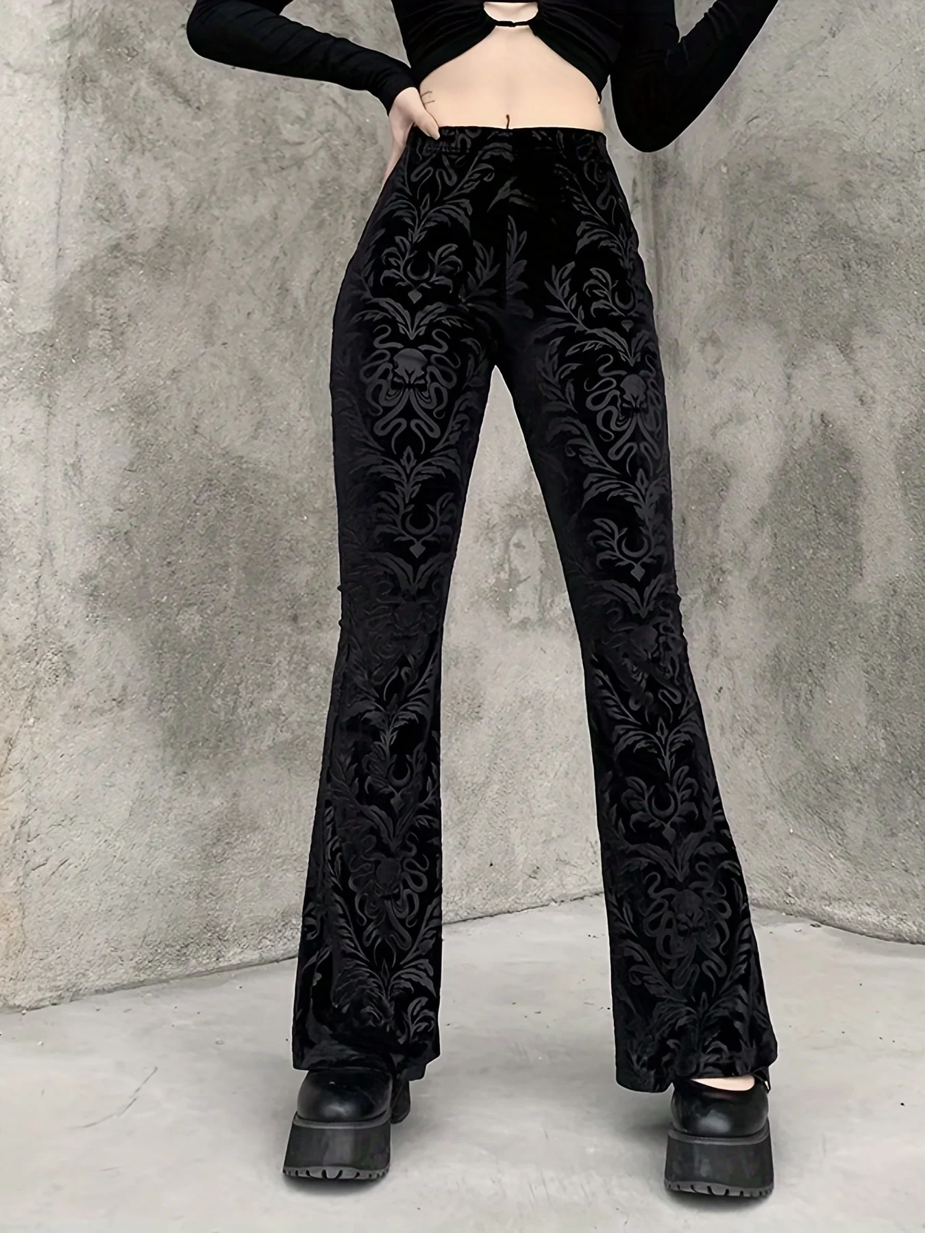 deanwangkt-1  Gothic Floral Print High Waist Pants, Elegant Flare Leg Pants, Women's Clothing - Deanwangkt