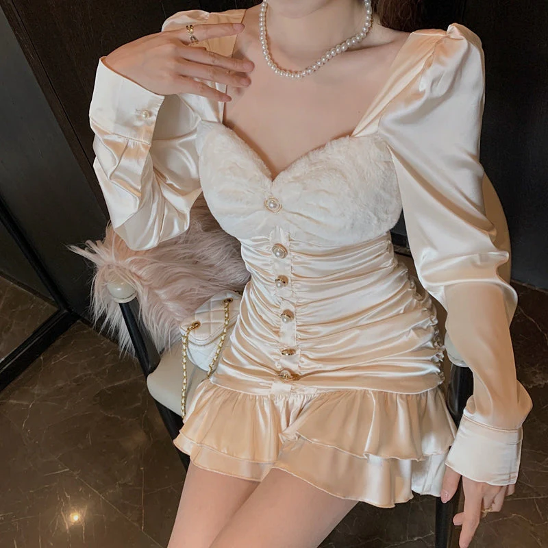 Fall Korean Sweet Two Piece Set Women Sexy Mink Velvet Patchwork Crop Top + Bodycon Skirts Sets Super-Short Shirt 2 Piece Suits  Fairy Dress - Deanwangkt