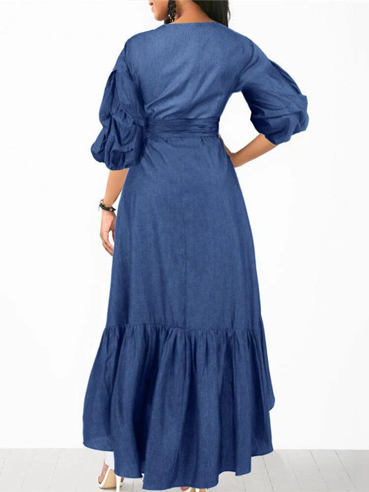 deanwangkt Women Denim Irregular Ruffle Hem Puff Sleeve Belted V-Neck Midi Dress - Trendy and Chic - Deanwangkt