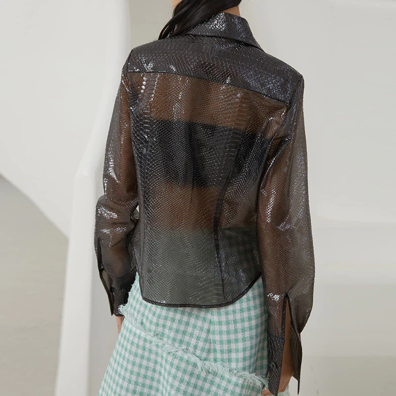 deanwangkt Patchwork Casual Loose Solid Blouse Female Lapel Long Sleeve PU Shirts For Women Autumn Style  New Clothes - Deanwangkt