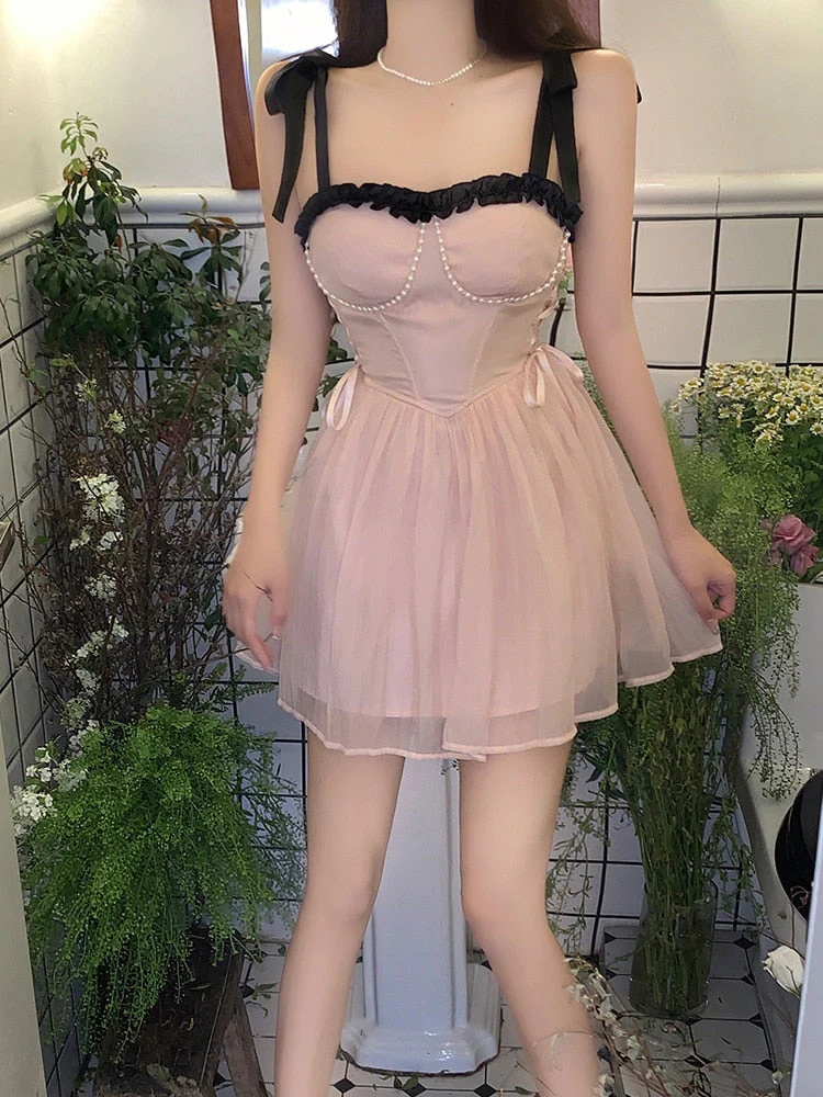 deanwangkt New Summer Dress French Style Princess Straps Dress High Waist Thin Pink Sweet Short Fairy Dress Female Sundress Bestidos - Deanwangkt