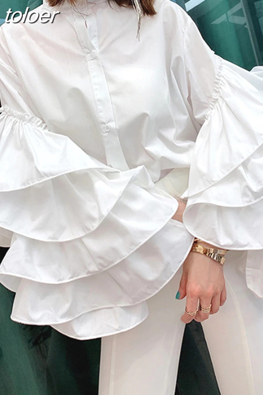 deanwangkt Loose Solid Shirt For Women Stand Collar Lantern Sleeve Patchwork Ruffle Single Breasted Chic Blouse Female  Spring - Deanwangkt