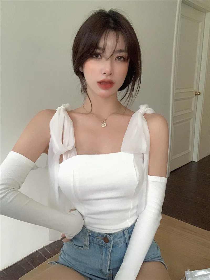 Sweet Girly Pink Camis Detachable Sleeve Bow Knitted Tank Tops Women Summer Fashion White Cropped Tops - Deanwangkt